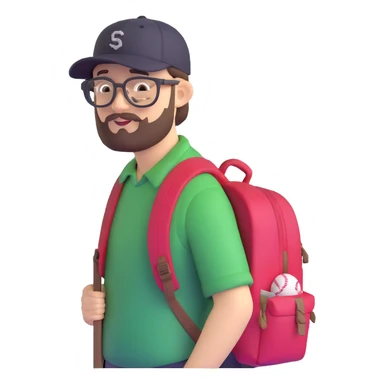adventurer with backpack, small beard, glasses and backwards baseball cap sticker