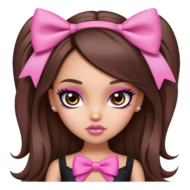 pretty bratz baddie, pink bow long hair brunette baddie with eyeliner and brown eyes sticker