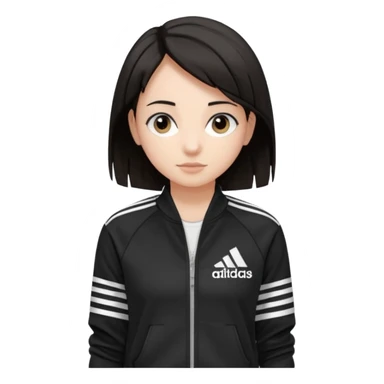 A girl with  medium length, dark hair, fair skin. The style is a soft, layered cut that falls around her shoulders. wore black Adidas track jacket with white stripes on the sleeves. It has a full zipper down the front, a stand-up collar, and the Adidas logo on the right chest emoji sticker
