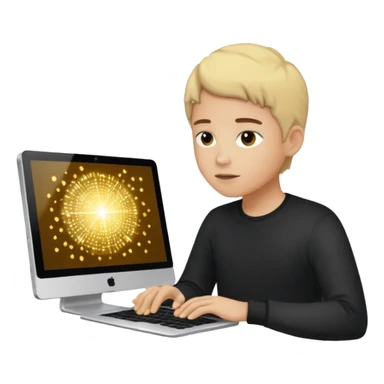 sujeto en su computadora con particulas de dinero alrededor sticker