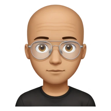 Young Latino man with small oval face and big forehead, clear lens aviator-style eyeglasses with metal frames, completely bald/shaved sides with very short curly dark hair only on top of head, neutral-friendly expression, brown skin, wearing a black t-shirt sticker