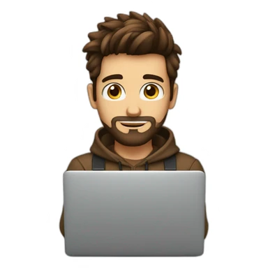 No glasses Cute programmer on his laptop looking front with a brown quiff as a hair and brown eyed with a bit of a beard sticker