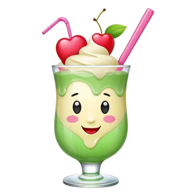 Cute emoji-style illustration of a green soda float with ice, vanilla ice cream scoop, two red cherries, pink heart-shaped straw, simple shapes, bright colors, glossy, kawaii style, centered, transparent background
 sticker