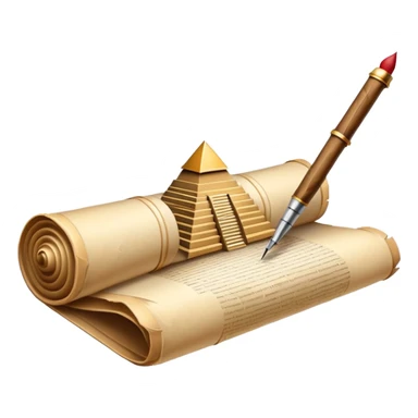 An icon showing a rolled parchment scroll, a quill pen, and ancient landmarks like pyramids and columns in the background. The design symbolizes the study of past civilizations, events, and heritage. Transparent background emphasizes the timeless exploration of human history. sticker