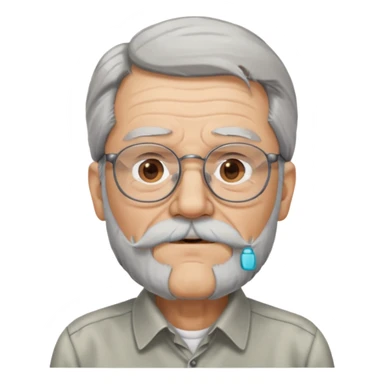 old man with long hair and beard wearing glasses with shirt sticker