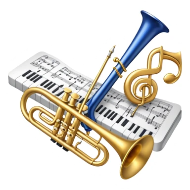 Create an elegant and refined emoji that represents orchestration and arrangement. The design should feature a musical score or sheet music with various orchestral instruments like a violin, a trumpet, and a grand piano subtly integrated into the composition. Add a conductor's baton, symbolizing the guiding hand of orchestration, and flowing musical notes that move between the instruments. Use rich, classic colors like gold, silver, and deep blue to evoke the sophistication of orchestral music. The background should be transparent, with a touch of intricate details to represent the complexity of orchestration. sticker