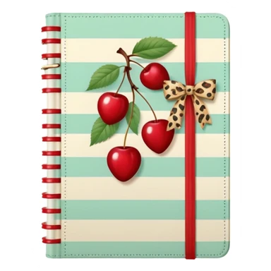 Cute vintage notebook cover, mint and cream vertical stripes, red spine
Hand-drawn cherries with leopard bow, playful feminine aesthetic
Flat illustration, clean composition, soft retro color palette sticker