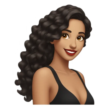 young moroccan woman with dark brown eyes, dark long curling hair, red lips, big smile, black dress sticker