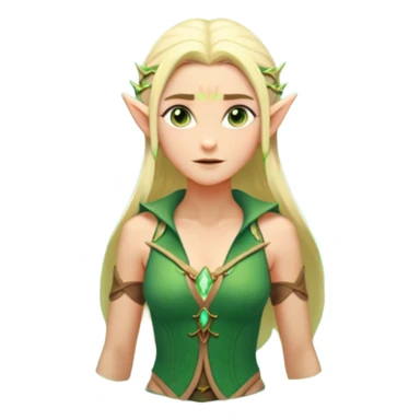 elf female legolas wading in shallow tide pool, palm emitting soft green light to heal glowing coral, practical open vest over bare chest, determined gaze, pointy ears, vibrant underwater plants, centered emoji, nature guardian summer sticker