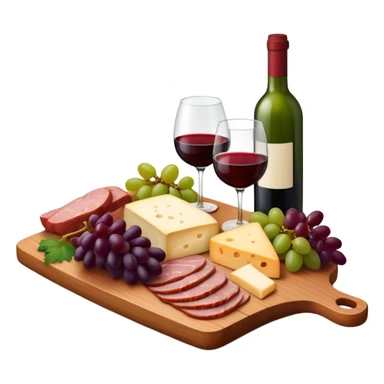 Wooden charcuterie board with meats, cheese, grapes, wine glass filled with red wine, and green wine bottle, cozy rich aesthetic sticker
