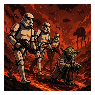 vector art of a Starwars stormtroopers is walking on lava planet with yoda, battleground background 
 sticker