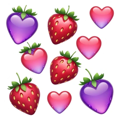 strawberries, pink and purple hearts, candy sticker