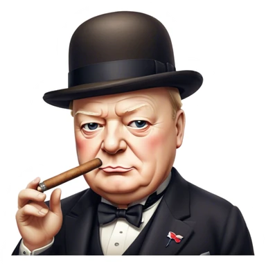 Cinematic Realistic Winston Churchill Portrait Emoji, depicted as a resolute British statesman with a signature bowler hat and a cigar, exuding determined leadership and wartime valor, rendered with lifelike textures and dramatic vintage lighting that captures his iconic British spirit. sticker