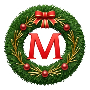 3D emoii of the iconic Moscow Metro "M" logo, reimagined as a Christmas wreath. Made of green pine needles, decorated with small red ornaments and glowing golden LED sticker