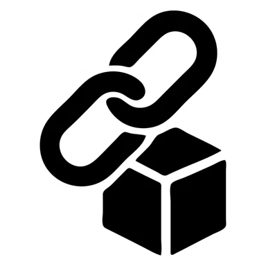 minimalistic icon for Supply Chain Experience using a chain link and box motif, solid black filled, highly simplified sticker