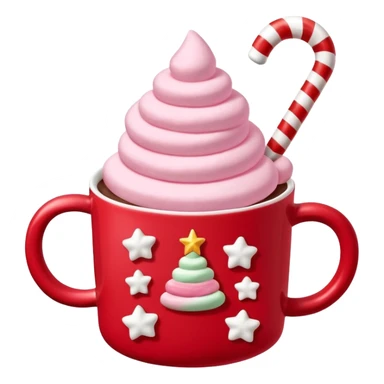 hot chocolate with pastel pink marshmallows in red christmas mug with stars and candy cane, trendy aesthetic sticker
