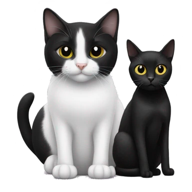 A black cat sitting next to a black and white cat sticker