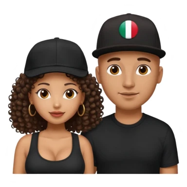 A picture of a loving tanned couple. the guy is Mexican, with a bald hair cut and he has a SnapBack hat on. The girl is mixed, the girl is wearing a black shirt, the girl has brown curly big hair and the girl has big boobs  sticker