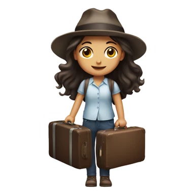 long dark hair brown eyed girl flight  holding suitcase with hat  sticker