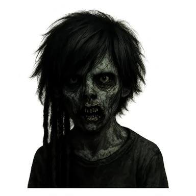 boy zombie with black medium-long emo shaggy hair and dreads, dark and spooky, creepy expression sticker