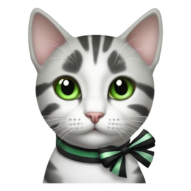 Cat with green eyes white cat with grey patches and black stripes with a bow sticker