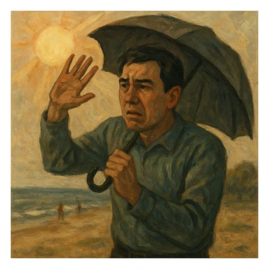 Create a symbolic, semi-realistic outdoor scene (beach or park) featuring a man with expressive, worried body language. The man is raising his hands or using an umbrella or large hat to block natural, warm sunlight. He looks uncomfortable or fearful, as if trying to protect himself from the sun. Use muted colors and an expressive, semi-realistic style symbolizing misunderstanding about sunlight and health. Use the reference image for facial features and general appearance. sticker