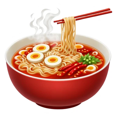 steaming ramen bowl with red broth and chili slices sticker