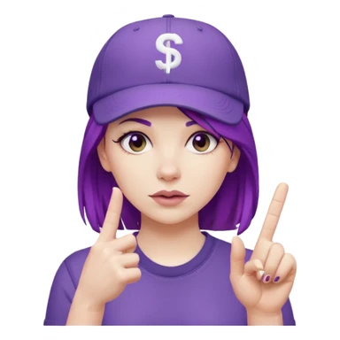 Woman with purple hair flipping middle finger with ball cap on that says stfu sticker