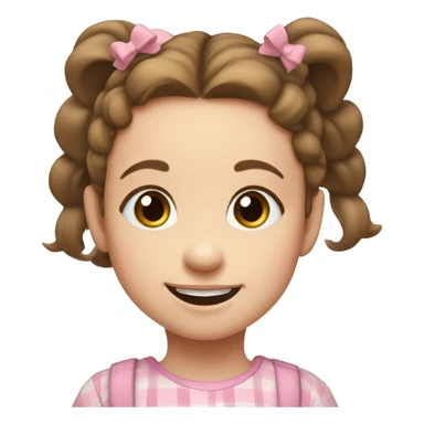 A toddler girl with 2 tiny pig tails on top of her hair with tiny bows, fair skin, blue eyes,  brown hair, smiling, wearing a pastel shirt sticker