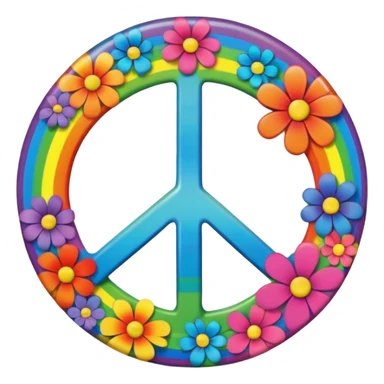A round psychedelic colored button that says Peace with rainbow colored hippie style flowers sticker