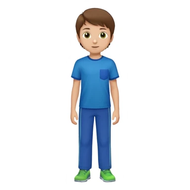 A 8 year old boy with brown hair and eyes. Blue T shirt and green pants  sticker