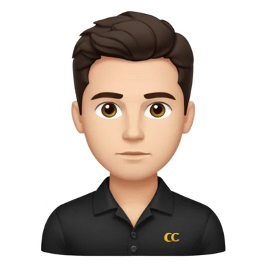 He’s a man with light to medium skin, a defined oval face, full brows, deep-set eyes, and wavy short dark brown tall hair styled with height, sides are trimmed. muscular. expression calm and focused relaxed black black button shirt open collar. polished, articulate, and coach vibe. tall hair tall  sticker