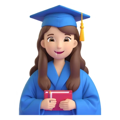 girl with long brown hair in graduation clothes with hat and robe smiling, emoji style sticker
