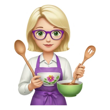 middle aged woman with shoulder length blonde hair, purple glasses, green eyes, wearing a flower apron, holding a bowl in one hand and a mixing spoon in the other sticker