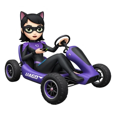 full size real-appearance electric road Lego racing sexy CatWoman’s feminine midnight-colored tight outfit sixty’s tv show dark stealthy accurate sporty safe plush deluxe off-road pursuit drifting car jaguar (black hair,reclined and relaxed torso and shoulders back seating position) cross kart  sticker