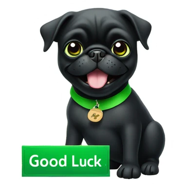 Black pug holding a green sign that says good luck  sticker