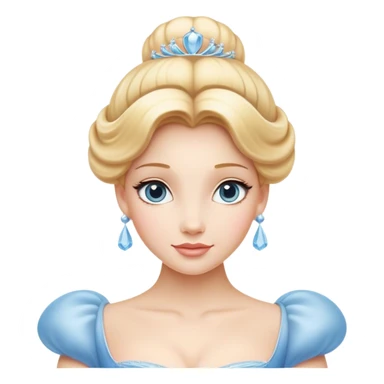 Cinematic Elegant Cinderella Portrait Emoji, rendered in a cinematic, vector-style with minimal shading and bold, simplified shapes. Depict Cinderella in her classic ball gown (chest and above) with fair, porcelain skin and elegantly styled blonde hair, her eyes soft and kind, and her expression serene and graceful. The design glows with a gentle, enchanting radiance and high shine, capturing the timeless beauty of a fairy tale princess. sticker