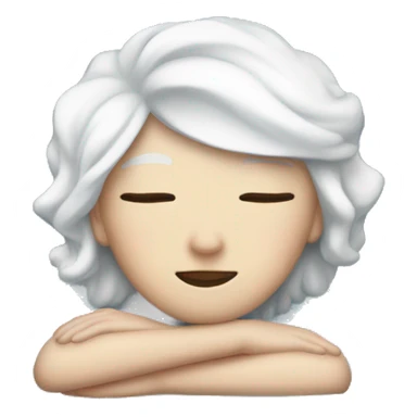 white female with white hair with a blue bow asleep on a blue/white bed sticker