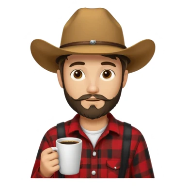 generate an ios genmoji of a 20 year old tan boy with a cowboy hat and side burn beard. Wearing a flannel and carrying a coffee mug sticker