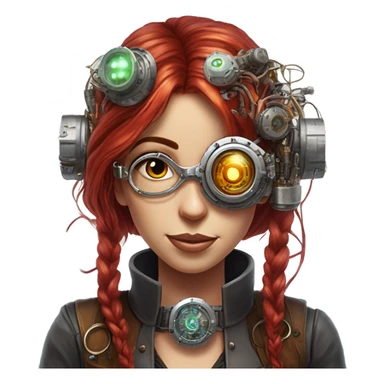 Female cyborg head with long red hair silver steampunk monocle goggles a smile and circuits sticker