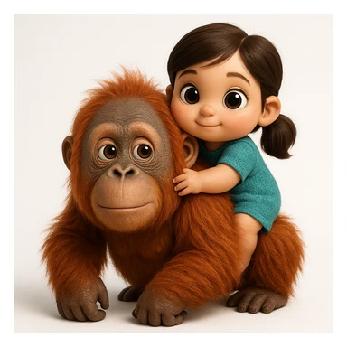 {
  "rendering": "3D rendered digital illustration",
  "materials": "high-detail textures with realistic material rendering",
  "lighting": "studio lighting with soft diffused shadows",
  "shading": "soft ambient occlusion, subsurface scattering on skin",
  "forms": "rounded smooth forms",
  "background": "clean white background",
  "eyes": "glossy reflective eyes",
  "colors": "vibrant saturated colors",
  "surface_detail": "detailed surface textures including fur strands and fabric weave",
  "animal_proportions": "naturalistic proportions for animals and objects",
  "human_proportions": "cute stylized proportions with large expressive eyes for human characters only",
  "subject": "orangoutang"
} sticker