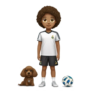 uma menina com cabelo castanho e liso olhos castanho pele bege com a camiseta do real Madrid e um cachorro sticker