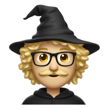 A man with blond messy hair and a mustache, wearing a black squared shaped eye glasses, wizard hat, black  robe sticker