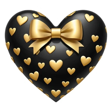 glossy black heart with a gold bow and heart pattern on the bow, in a pointed heart shape sticker