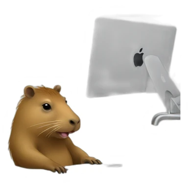 Capybara with a Macbook in the bathroom, around a duck sticker