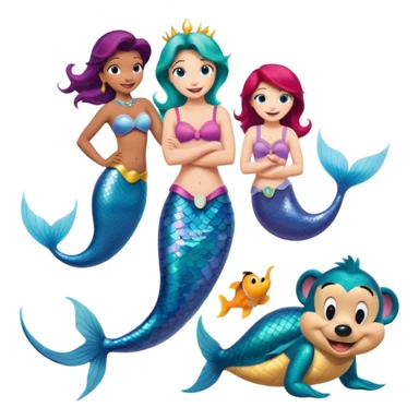 Colorful icon for Animated Movies: mermaid costume and could A vibrant collage featuring iconic characters like Goofy, Mickey Mouse, Franco, Masha and the Bear and Luntik. Each character should be large and bright, set against a cheerful and playful background of Disneyland. Transparent background. sticker