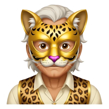 a fat old man, with a vest,  wear half-face golden panther masquerade mask sticker
