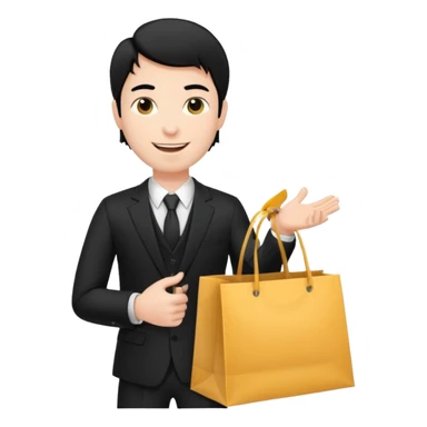 a white man black hair in a black suit with clothing shopping bag sticker