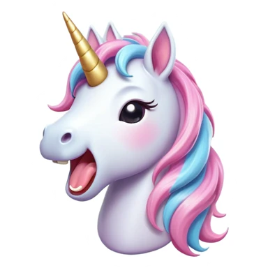 Cinematic Cute Yawning Unicorn Pony Portrait Emoji, Head tilted slightly with a dramatic, wide-open yawn, showcasing a petite, softly glowing form with a gently drooping mane, a subtle, shimmering horn and sleepy, half-closed eyes, Simplified yet irresistibly adorable features, highly detailed, glowing with a soft, cozy pastel glow, high shine, relaxed yet expressive, stylized with a dash of whimsical enchantment, soft glowing outline, capturing the essence of a drowsy yet affectionate unicorn pony that appears ready to stretch and yawn its way off the screen! sticker
