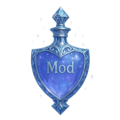 luxurious crystal elixir bottle in shield shape, color #7986cb, ornate silver and iridescent details instead of gold, magical glowing and sparkling effects, very small neck, seamless bottom, transparent background, bottle floating in air, no base or shadow, modern collection style, the word 'Mod' written on the bottle sticker